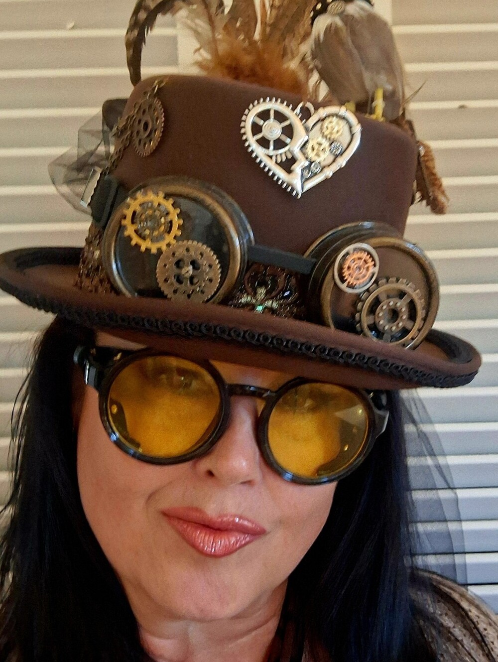 Brown Steampunk Top Hat with Feather and Gear Accents - Picture 7 of 9